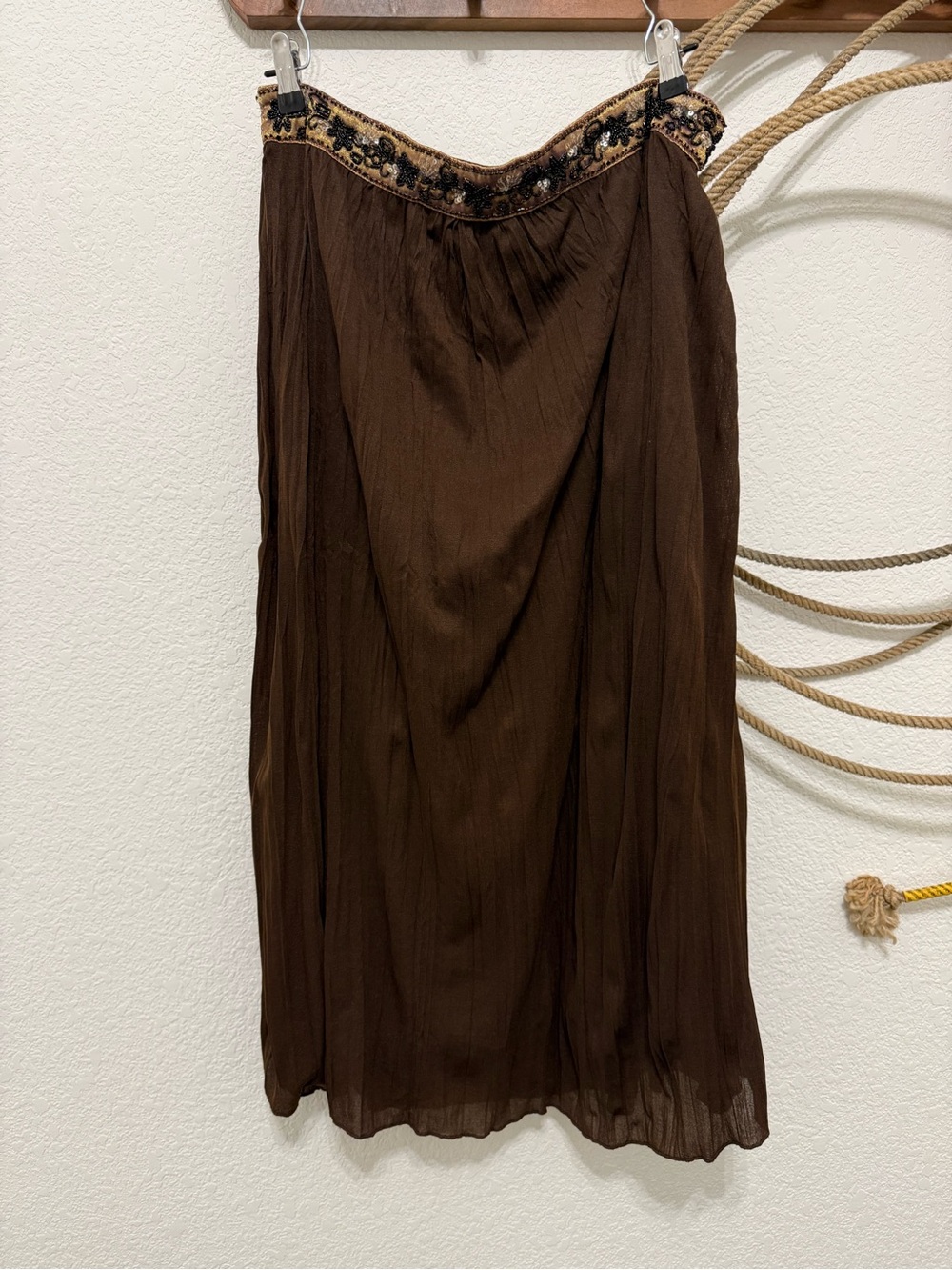 Vintage Y2K Worthington Earthy Brown Beaded Sequin Chiffon Midi Skirt 1X